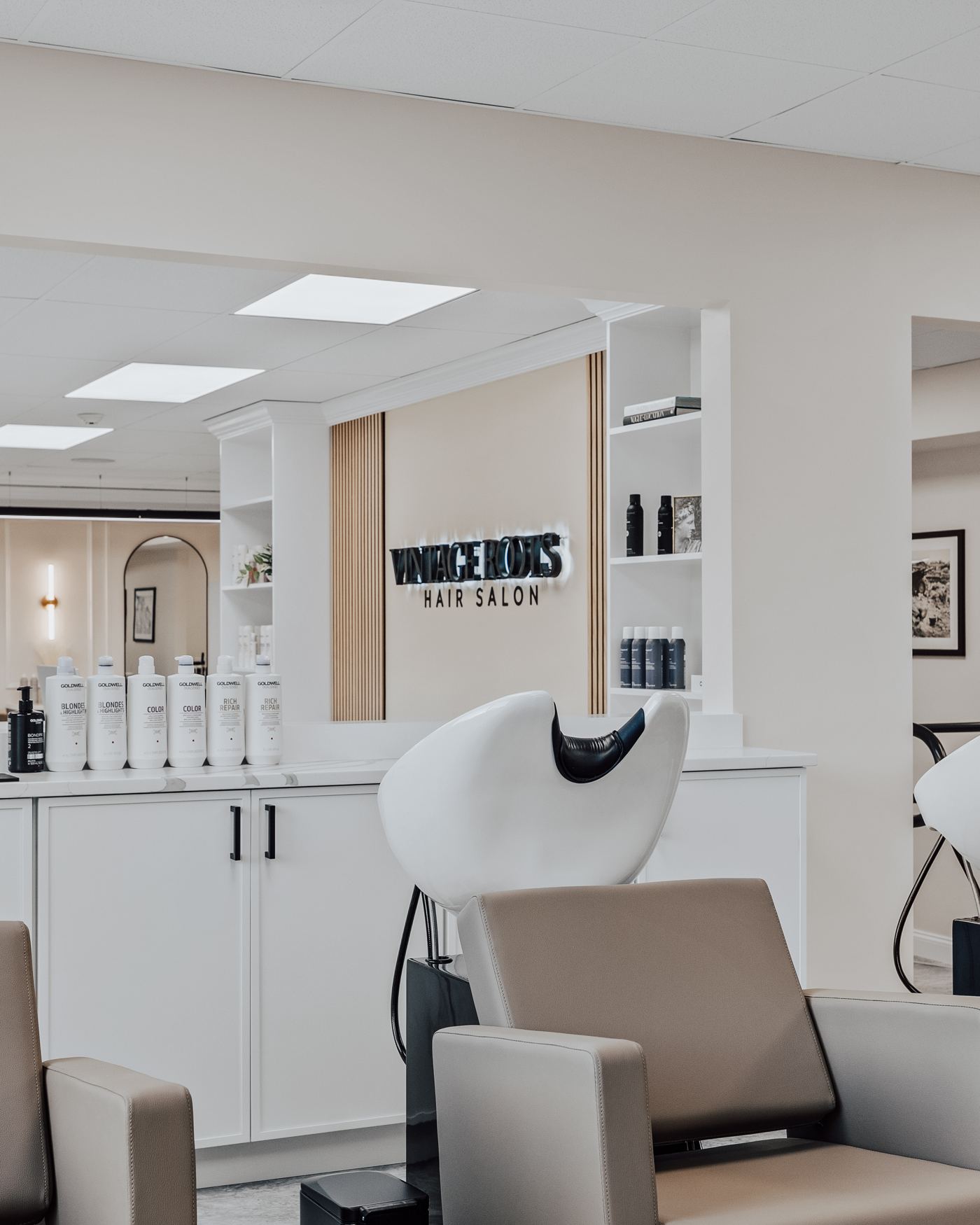 Shampoo stations and the Vintage Roots sign